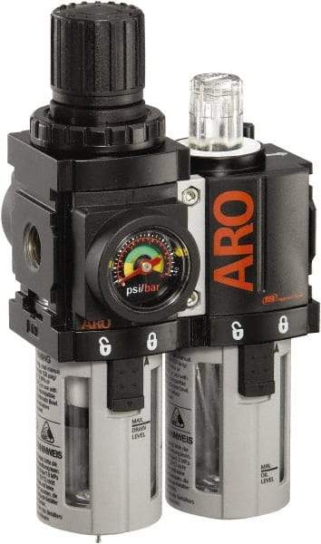 ARO/Ingersoll-Rand - 1/4" NPT Port Miniature 2 Piece Filter/Regulator-Lubricator FRL Unit - Polycarbonate Bowl, 44 SCFM, 150 Max psi, 5.2" High x 3.15" Long, Manual Drain - Best Tool & Supply