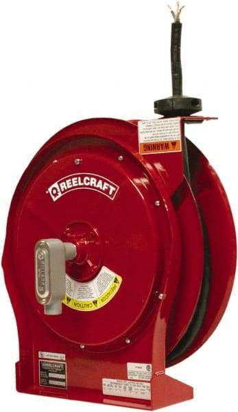 Reelcraft - 12 AWG, 50' Cable Length, Cord & Cable Reel with Flying Lead End - 0 Outlets, 16 Amps, 600 Volts, SEOOW Cable, Red Reel, Spring Driven Reel - Best Tool & Supply