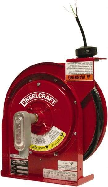 Reelcraft - 12 AWG, 45' Cable Length, Cord & Cable Reel with Flying Lead End - 0 Outlets, 20 Amps, 125 Volts, SJEOOW Cable, Red Reel, Spring Driven Reel - Best Tool & Supply