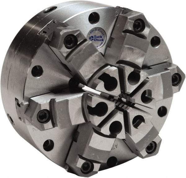 Buck Chuck Company - 6 Jaws, 12" Diam, Self Centering Manual Lathe Chuck - Plain Back Mount Spindle, Adjustable, Reversible, 1,100 Max RPM, 4-1/16" Through Hole Diam, Cast Iron - Best Tool & Supply