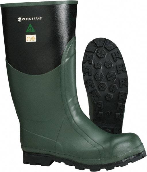 Viking - Men's Size 12 Medium Width Steel Knee Boot - Green, Black, Rubber Upper, Nitrile Rubber Outsole, 15" High, Non-Slip, Waterproof, Electric Shock Resistant - Best Tool & Supply