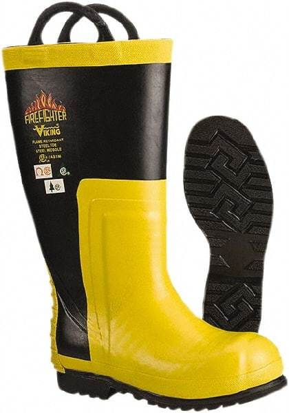 Viking - Men's Size 14 Medium Width Steel Work Boot - Black, Yellow, Rubber Upper, Nitrile Rubber Outsole, 14" High, Non-Slip, Chemical Resistant, Waterproof, Electric Shock Resistant - Best Tool & Supply