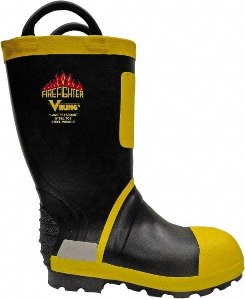 Viking - Men's Size 10 Medium Width Steel Work Boot - Black, Yellow, Rubber Upper, Nitrile Rubber Outsole, 14" High, Non-Slip, Waterproof - Best Tool & Supply