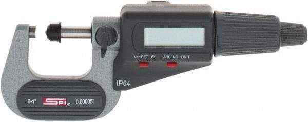 SPI - 0 to 1" Range, 0.00005" Resolution, Standard Throat IP54 Electronic Outside Micrometer - 0.00016" Accuracy, Friction Thimble, Carbide-Tipped Face, LR44 Battery, Includes NIST Traceable Certification of Inspection - Best Tool & Supply