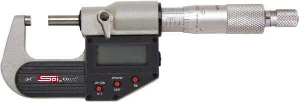 SPI - 6 to 7" Range, 0.00005" Resolution, Standard Throat IP65 Electronic Outside Micrometer - 0.0002" Accuracy, Ratchet Stop Thimble, Carbide-Tipped Face, LR44 Battery, Includes NIST Traceable Certification of Inspection - Best Tool & Supply