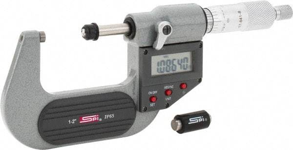 SPI - 1 to 2" Range, 0.00005" Resolution, Standard Throat IP65 Electronic Outside Micrometer - 0.0001" Accuracy, Ratchet Stop Thimble, Carbide-Tipped Face, LR44 Battery, Includes NIST Traceable Certification of Inspection - Best Tool & Supply