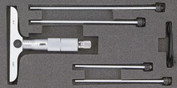 SPI - 0 to 12" Range, 12 Rod, Mechanical Depth Micrometer - Ratchet Stop Thimble, 4" Base Length, 0.001" Graduation, 4.5mm Rod Diam - Best Tool & Supply