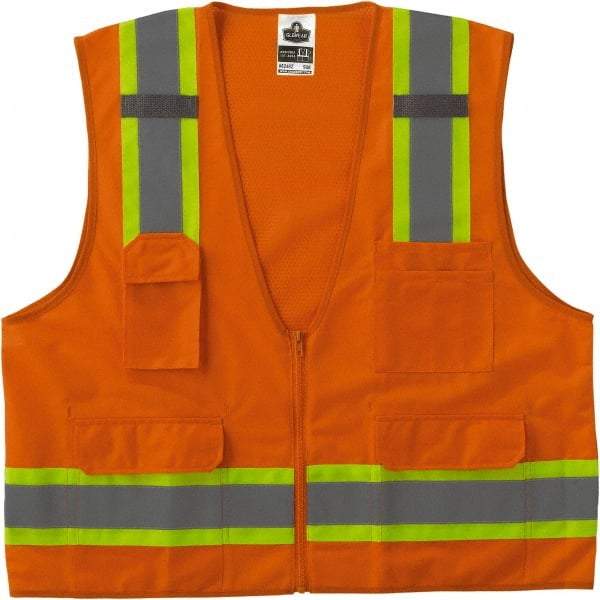 Ergodyne - Size S/M High Visibility Orange Mesh/Solid Surveyor's Vest - 36 to 44" Chest, ANSI/ISEA 107, Zipper Closure, 6 Pockets, Polyester - Best Tool & Supply