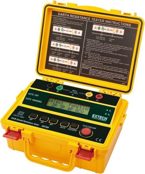 Extech - 0.002 to 2 k Ohm, LCD Display Earth Ground Resistance Tester - AA Battery, 2 mA Current, 820 Hz - Best Tool & Supply