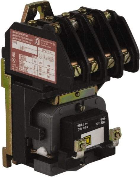 Square D - No Enclosure, 4 Pole, Electrically Held Lighting Contactor - 20 A (Tungsten), 30 A (Fluorescent), 110 VAC at 50 Hz, 120 VAC at 60 Hz, 4NO Contact Configuration - Best Tool & Supply