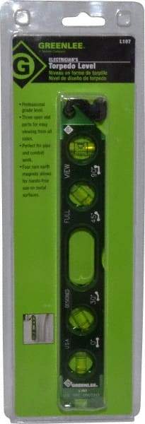 Greenlee - Magnetic 8-1/2" Long 4 Vial Torpedo Level - Aluminum, Green, 1 0°, 1 30°, 1 45° & 1 90° Vials - Best Tool & Supply