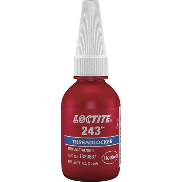 Loctite - 10 mL Bottle, Blue, Medium Strength Liquid Threadlocker - Series 243, 24 hr Full Cure Time, Hand Tool, Heat Removal - Best Tool & Supply