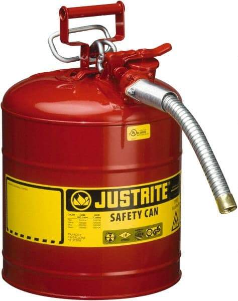 Justrite - 5 Gal Galvanized Steel Type II Safety Can - 17-1/2" High x 11-3/4" Diam, Red with Yellow - Best Tool & Supply