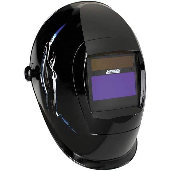 Jackson Safety - 3-25/32" Window Width x 1-13/16" Window Height, 9 to 13 Shade Auto-Darkening Lens, Fixed Front Welding Helmet - Black Torch Dancer Design, Thermoplastic Green Lens - Best Tool & Supply