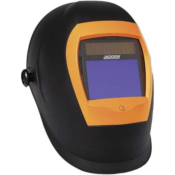 Jackson Safety - 3-51/64" Window Width x 2-45/64" Window Height, 9 to 13 Shade Auto-Darkening Lens, Fixed Front Welding Helmet - Black/Yellow Thermoplastic Blue Lens - Best Tool & Supply