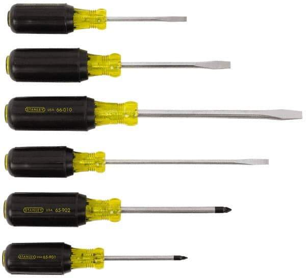 Stanley - 6 Piece Cabinet, Phillips & Slotted Screwdriver Set - Blade Sizes: Length 3, 4 & 6, Width 1/4, 5/16 & 3/16, Bit Sizes: Philips #1 to #2 - Best Tool & Supply