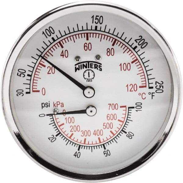 Winters - 3" Dial, 1/2 Thread, 0-100 Scale Range, Pressure Gauge - Center Back Connection Mount, Accurate to 0.03% of Scale - Best Tool & Supply