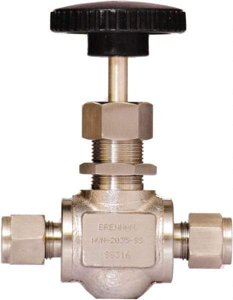 Brennan - 3/8" Pipe, Straight Needle Valve - PTFE Seal, Tube Ends, Stainless Steel Valve, 6,000 Max psi - Best Tool & Supply