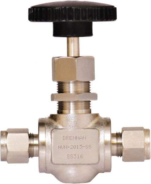 Brennan - 3/8" Pipe, Straight Needle Valve - PTFE Seal, Tube Ends, Stainless Steel Valve, 6,000 Max psi - Best Tool & Supply