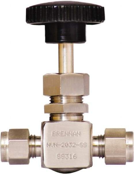 Brennan - 1/4" Pipe, Straight Needle Valve - PTFE Seal, Tube Ends, Stainless Steel Valve, 6,000 Max psi - Best Tool & Supply