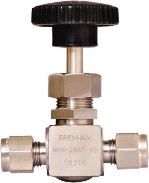 Brennan - 1/4" Pipe, Straight Needle Valve - PTFE Seal, Tube Ends, Stainless Steel Valve, 6,000 Max psi - Best Tool & Supply