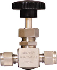 Brennan - 1/4" Pipe, Straight Needle Valve - PTFE Seal, Tube Ends, Stainless Steel Valve, 6,000 Max psi - Best Tool & Supply