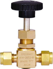 Brennan - 1/4" Pipe, Straight Needle Valve - PTFE Seal, Tube Ends, Brass Valve, 3,000 Max psi - Best Tool & Supply