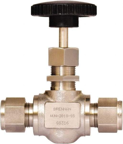 Brennan - 1/2" Pipe, Straight Needle Valve - PTFE Seal, Tube Ends, Stainless Steel Valve, 6,000 Max psi - Best Tool & Supply