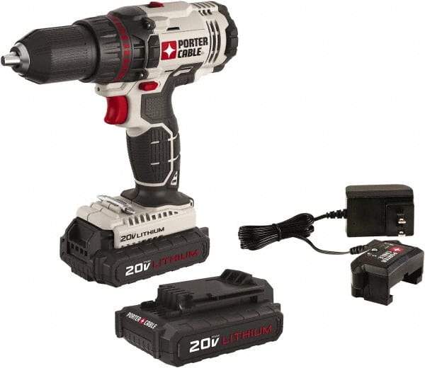 Porter-Cable - 20 Volt 1/2" Chuck Pistol Grip Handle Cordless Drill - 0-350 & 0-1500 RPM, Single-Sleeve Ratcheting Chuck, Reversible, 2 Lithium-Ion Batteries Included - Best Tool & Supply