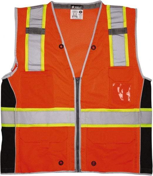 MCR Safety - Size L High Visibility Orange Mesh Surveyor's Vest - 24.4" Chest, ANSI 107-2015, Zipper Closure, 6 Pockets, Polyester - Best Tool & Supply