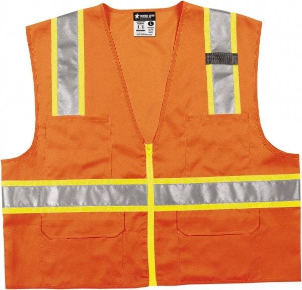 MCR Safety - Size L High Visibility Orange Mesh Surveyor's Vest - 24.4" Chest, ANSI 107-2015, Zipper Closure, 6 Pockets, Polyester - Best Tool & Supply