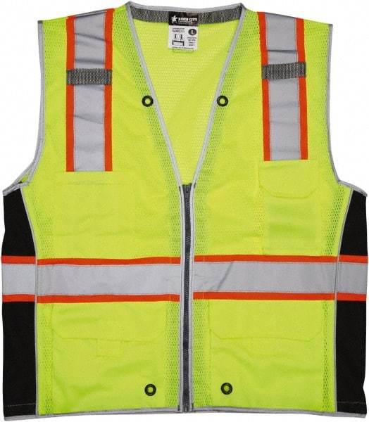 MCR Safety - Size XL High Visibility Lime Mesh Surveyor's Vest - 25.4" Chest, ANSI 107-2015, Zipper Closure, 6 Pockets, Polyester - Best Tool & Supply