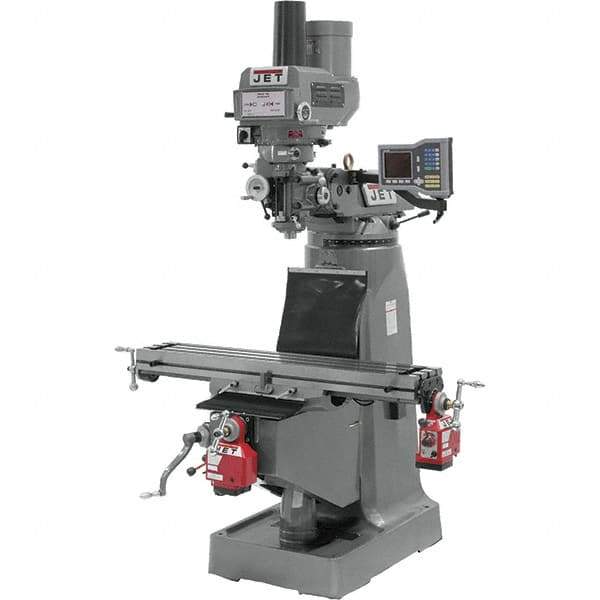 Jet - 9" Table Width x 49" Table Length, Variable Speed Pulley Control, 3 Phase Knee Milling Machine - R8 Spindle Taper, 3 hp - Best Tool & Supply