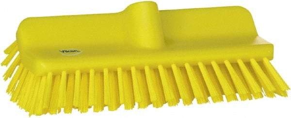 Vikan - 1-1/2" Bristle Length, Polyester Cleaning & Finishing Brush - 9-5/8" Long x 5" Wide Head, 10" OAL, European Threaded Handle, Yellow, Polypropylene Block - Best Tool & Supply