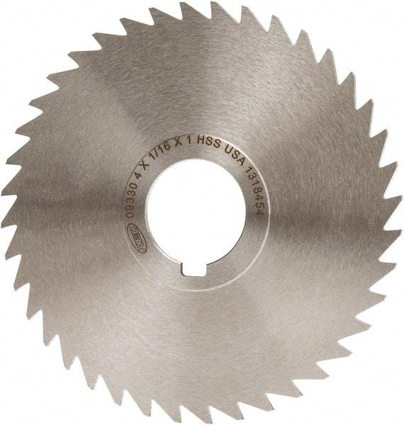 Keo - 4" Diam x 1/16" Blade Thickness x 1" Arbor Hole Diam, 40 Tooth Slitting and Slotting Saw - Arbor Connection, Right Hand, Uncoated, High Speed Steel, Concave Ground, Contains Keyway - Best Tool & Supply