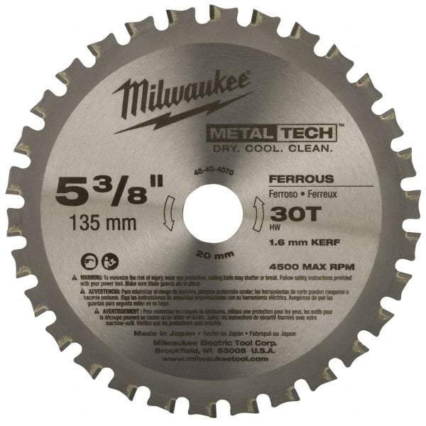 Milwaukee Tool - 5-3/8" Diam, 20mm Arbor Hole Diam, 30 Tooth Wet & Dry Cut Saw Blade - Carbide-Tipped, Standard Round Arbor - Best Tool & Supply