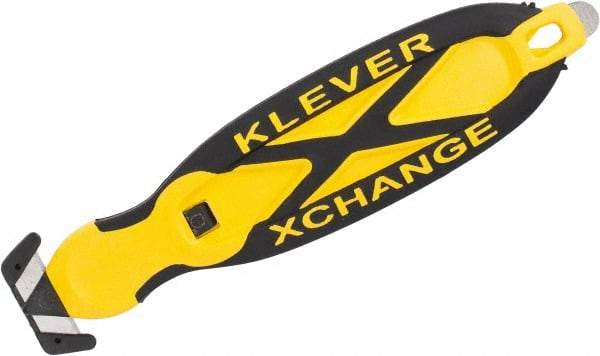 Klever Innovations - Recessed/Hook Blade Box Cutter - 5-3/4" Carbon Steel Blade, Yellow Plastic Handle, 2 Blades Included - Best Tool & Supply