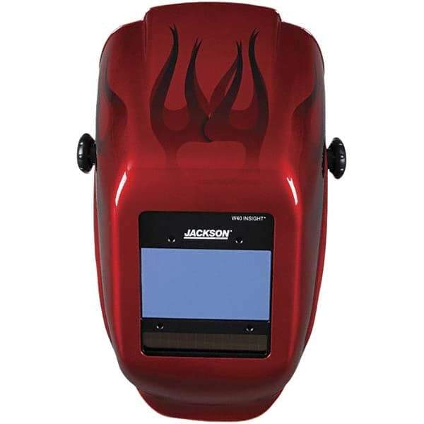 Jackson Safety - 2.36" Window Width x 3.93" Window Height, 9 to 13 Shade Auto-Darkening Lens, Fixed Front Welding Helmet - Red Flames Design, Thermoplastic Green Lens - Best Tool & Supply