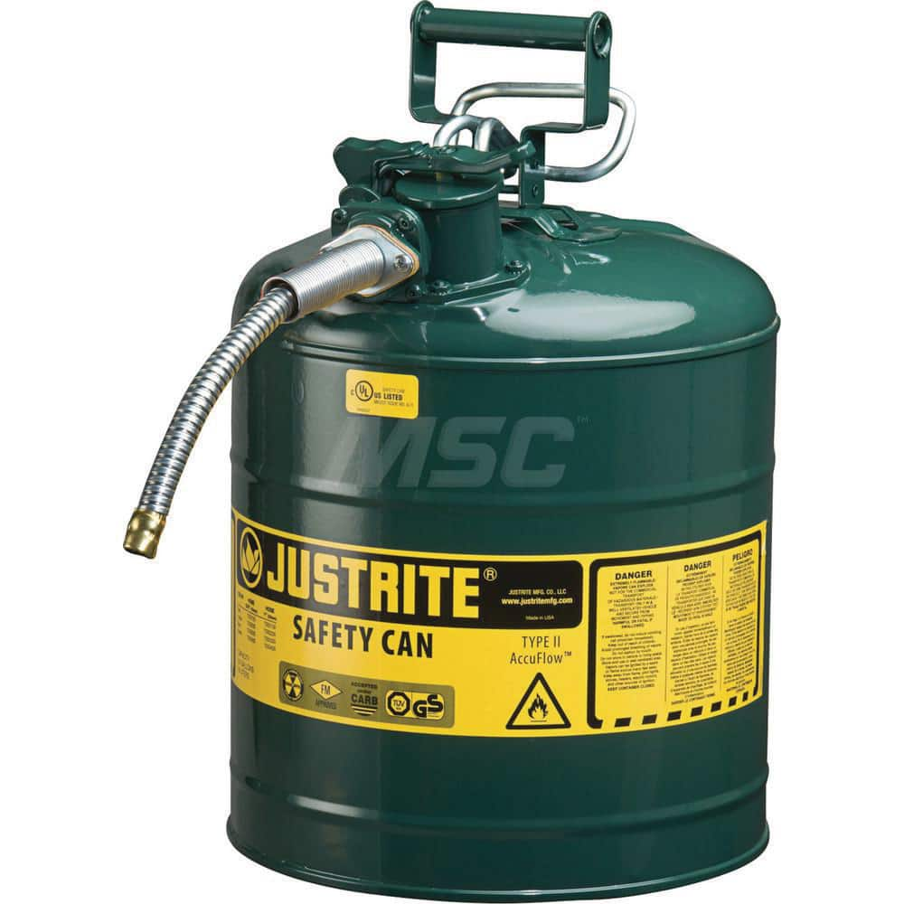 Justrite - Safety Dispensing Cans; Capacity: 5 Gal. ; Material: Steel ; Color: Green ; Height (Decimal Inch): 17.500000 ; Diameter/Length (mm): 11.75 ; Approval Listing/Regulations: FM Approved; UL; ULC; TUV - Exact Industrial Supply