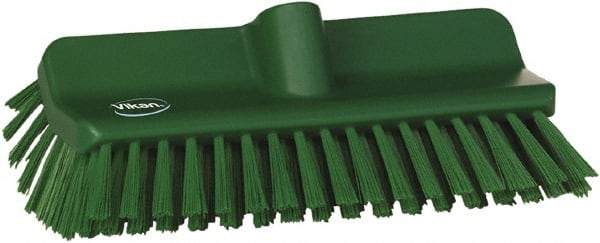 Vikan - 1-1/2" Bristle Length, Polyester Cleaning & Finishing Brush - 9-5/8" Long x 5" Wide Head, 10" OAL, European Threaded Handle, Green, Polypropylene Block - Best Tool & Supply