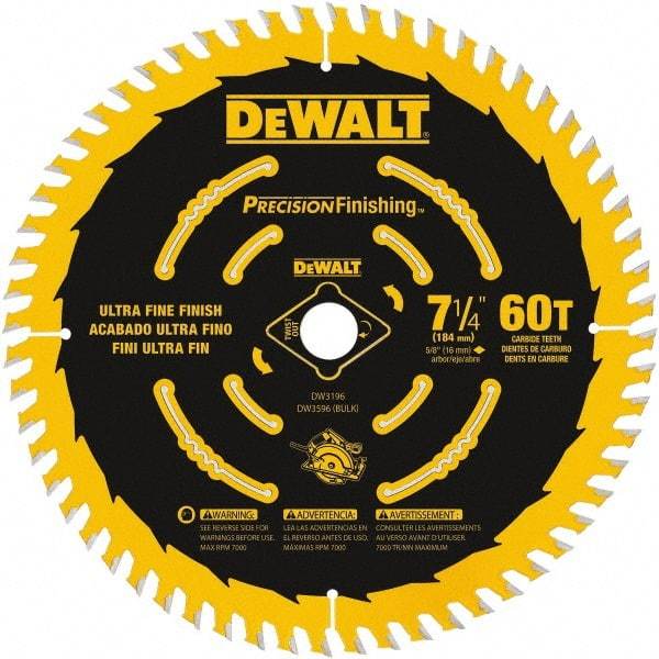 DeWALT - 7-1/4" Diam, 5/8" Arbor Hole Diam, 60 Tooth Wet & Dry Cut Saw Blade - Carbide-Tipped, Diamond Arbor - Best Tool & Supply