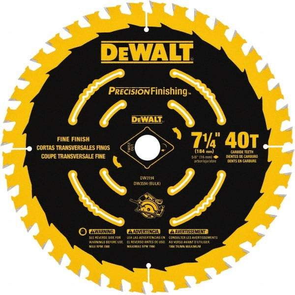 DeWALT - 7-1/4" Diam, 5/8" Arbor Hole Diam, 40 Tooth Wet & Dry Cut Saw Blade - Carbide-Tipped, Diamond Arbor - Best Tool & Supply