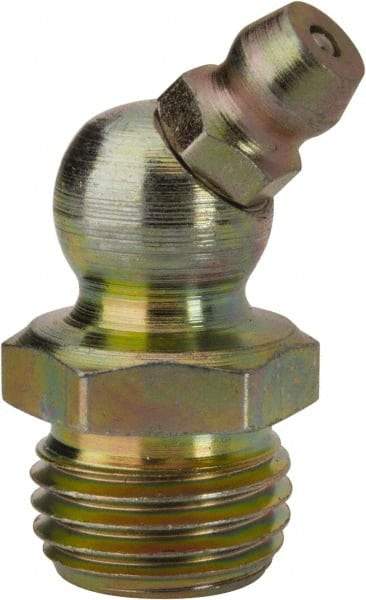 PRO-LUBE - 45° Head Angle, 1/4-18 NPT Steel Standard Grease Fitting - 9/16" Hex, 29.74mm Overall Height, 9.27mm Shank Length, Zinc Plated Finish - Best Tool & Supply