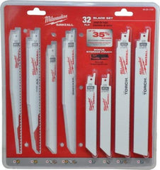 Milwaukee Tool - 32 Piece, 6" to 9" Long x 0.04" to 0.05" Thick, Bi-Metal Reciprocating Saw Blade Set - Straight Profile, 5-8 to 24 Teeth per Inch, Toothed Edge - Best Tool & Supply