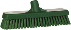 Vikan - 1.7" Bristle Length, Polyester Scrub Brush - 11-1/4" Long x 3" Wide Head, 12" OAL, European Threaded Handle, Green, Polypropylene Block - Best Tool & Supply