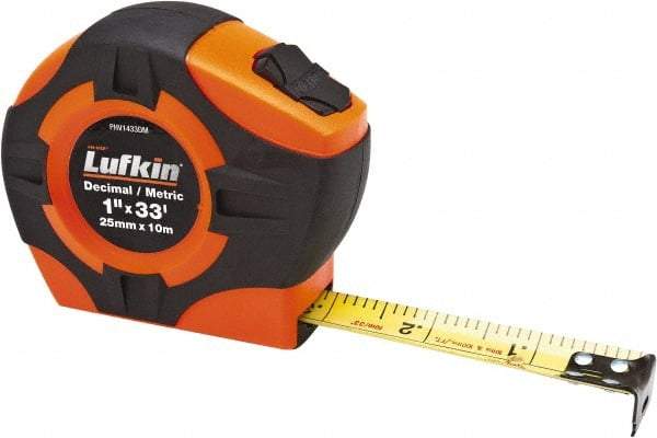 Lufkin - 33' x 1" Yellow Blade Tape Measure - 1/10 & 1/100' Graduation, A29 Graduation Style, High-Visibility Orange Case - Best Tool & Supply