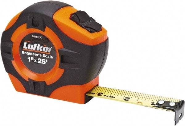 Lufkin - 25' x 1" Yellow Blade Tape Measure - 1/16" & 1/10 & 1/100' Graduation, A4 Graduation Style, High-Visibility Orange Case - Best Tool & Supply