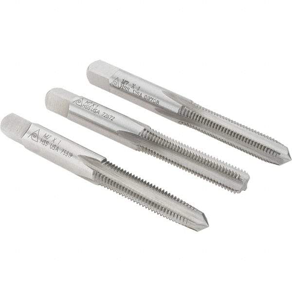 Made in USA - M7x1.00 Metric Coarse, 4 Flute, Bottoming, Plug & Taper, Bright Finish, High Speed Steel Tap Set - Right Hand Cut, 2-23/32" OAL, 1-1/8" Thread Length - Best Tool & Supply