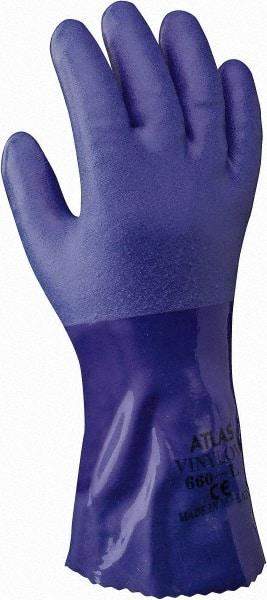 SHOWA - Size 2XL (11), 12" Long, Supported, PVC Chemical Resistant Gloves - Smooth Finish, Cotton Lined, Gauntlet Cuff, Blue - Best Tool & Supply