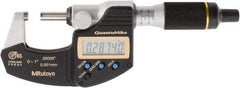 Mitutoyo - 0 to 1 Inch Range, 0.0001 Inch Resolution, Rapid Measurement, IP65 Electronic Outside Micrometer - 0.0001 Inch Accuracy, Ratchet Stop Thimble, Carbide Face, SR44 Battery, Plastic Case, Includes NIST Traceable Certification of Inspection - Best Tool & Supply